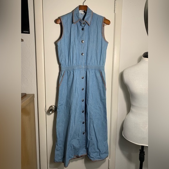 Rhonda Stark vintage duster dress button down sleeveless denim chambray M - Picture 1 of 9